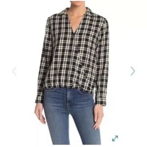 Madewell S Arion Drapey Wrap Front Long Sleeve Black White Plaid Shirt